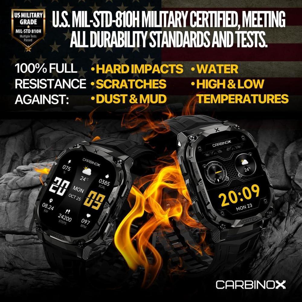 CARBINOX Vortex Smartwatch con función de llamadas, rastreador fitness militar, resistente al agua, diseño deportivo