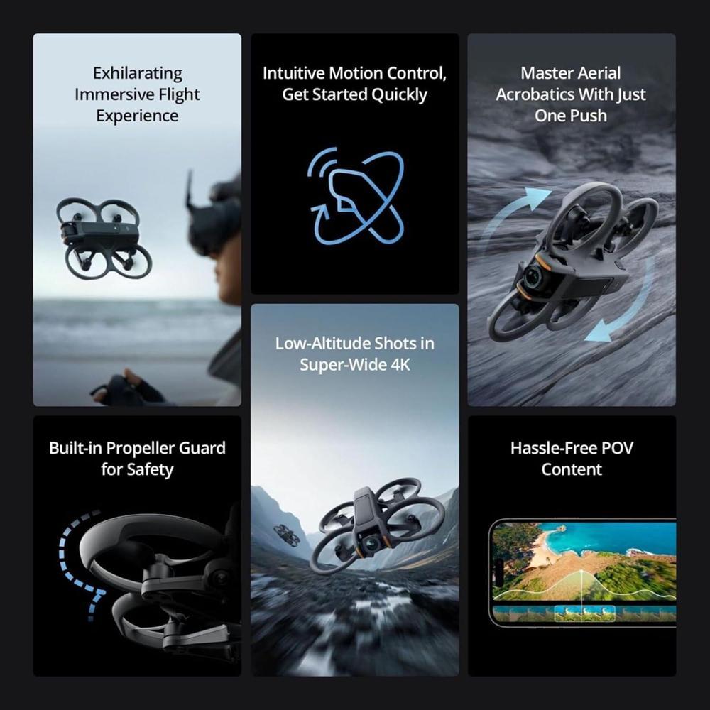 DJI Avata 2 Fly More Combo con 3 baterías, dron FPV con cámara 4K para adultos y experiencia aérea inmersiva, protector de hélice