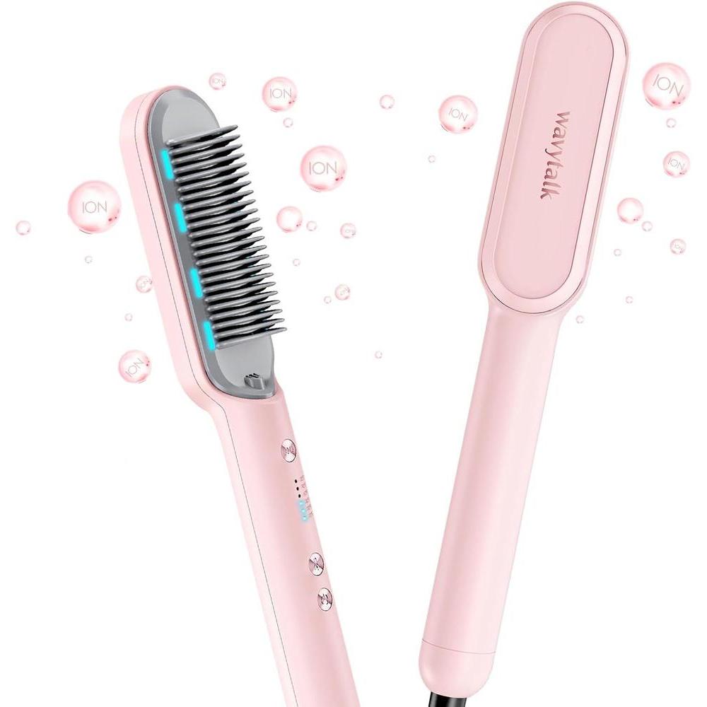 Wavytalk Hair Straightener Brush, Ionic Hair Straightening Comb for Women, Anti-Scald Ceramic Straightening Brush Fast Heating for Home Salon, Dual Voltage Pink.