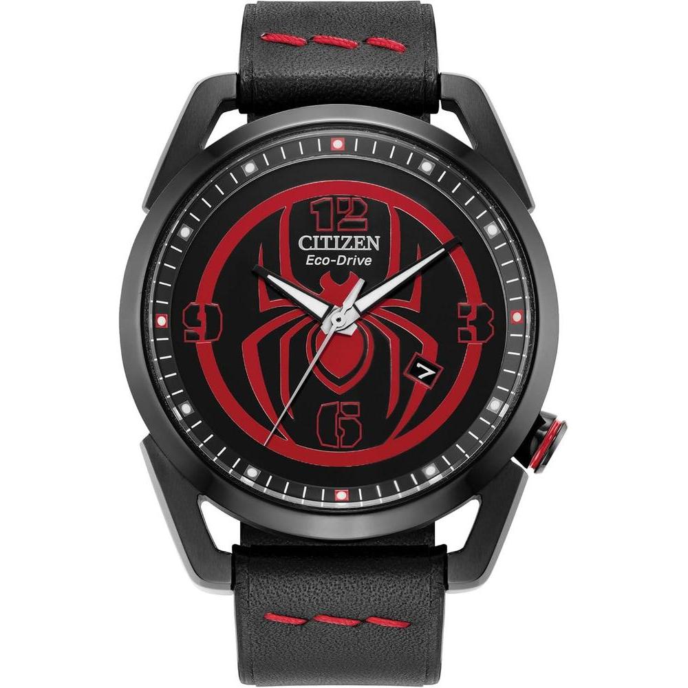 Citizen Men's Eco-Drive Marvel Miles Morales Black Ion Plated Stainless Steel Case with Black Leather Strap Watch,Black Dial,42mm (Model: AW1685-00W)