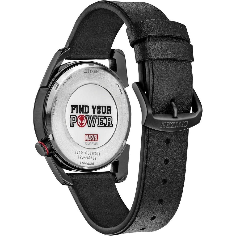 Citizen Reloj Eco-Drive Marvel Miles Morales acero inoxidable negro con correa cuero y esfera negra, modelo AW1685-00W
