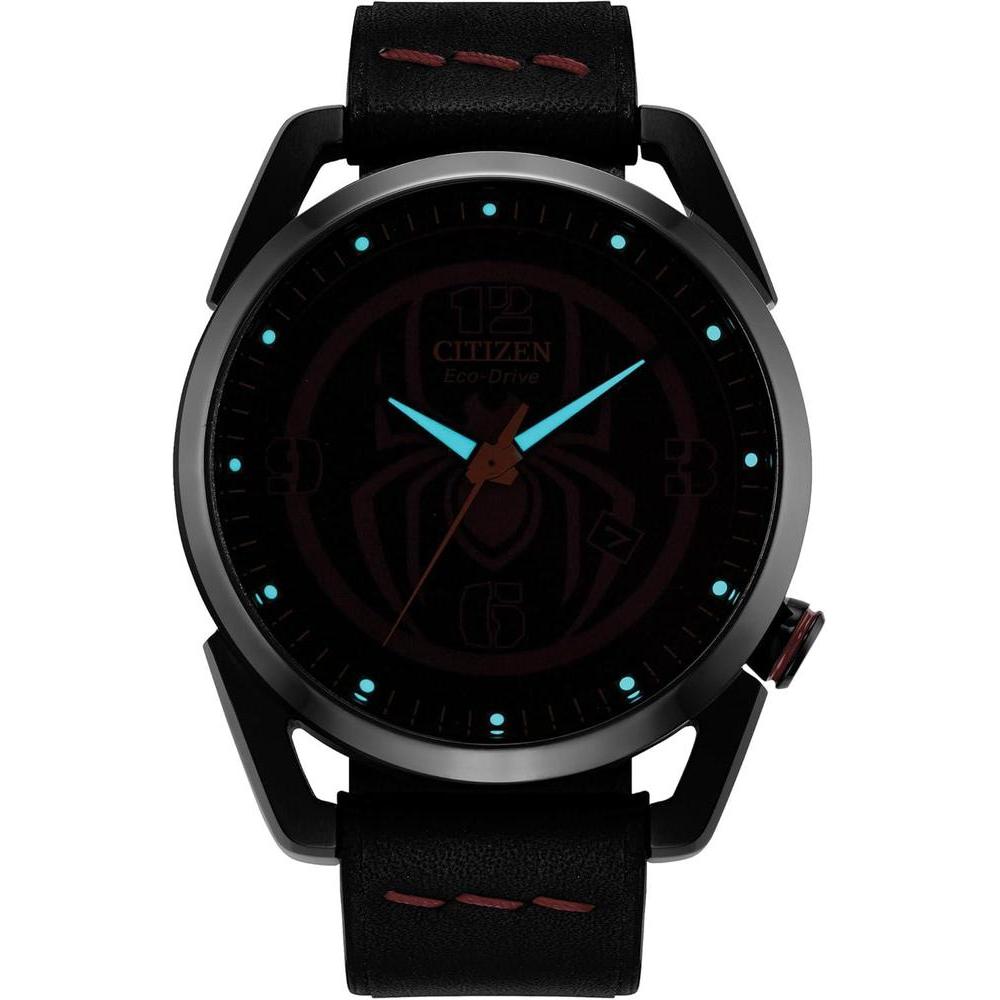 Citizen Reloj Eco-Drive Marvel Miles Morales acero inoxidable negro con correa cuero y esfera negra, modelo AW1685-00W