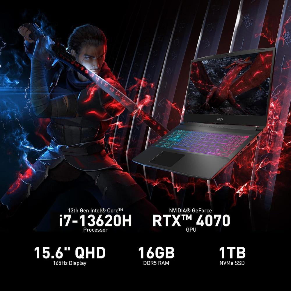 MSI Katana 15 Gaming Laptop 15.6" 165Hz QHD: Intel Core i7-13620H, NVIDIA GTX 4070, 16GB DDR5, 1TB NVMe SSD, Cooler Boost 5, Win 11: Negro
