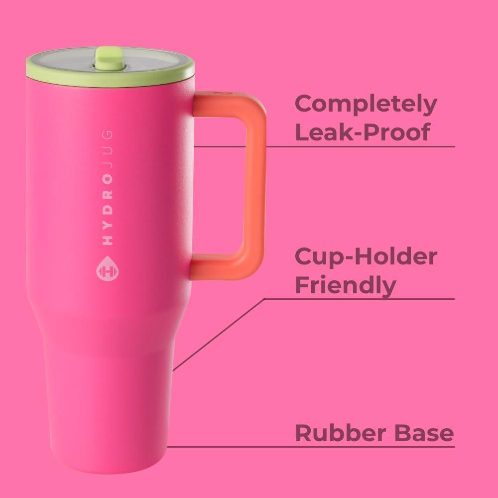 HydroJug Traveler - Vaso moderno con asa y pajilla abatible, resistente a fugas y reutilizable de acero inoxidable con base de goma