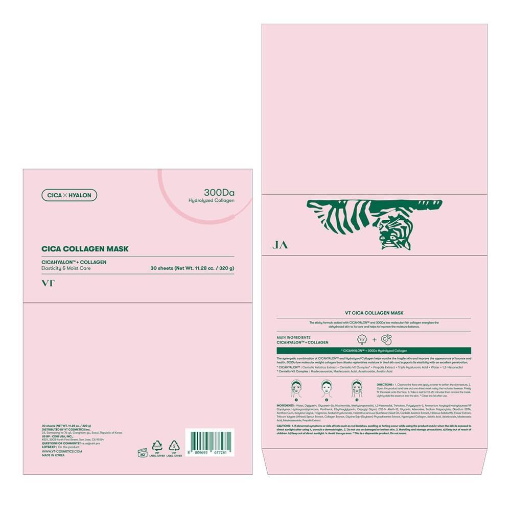 VT COSMETICS CICA Máscara de Colágeno para Elasticidad, Hidratación y Reafirmación de la Piel, Coreana, 30 Hojas
