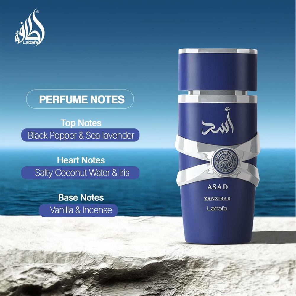 Lattafa Asad Zanzibar - Eau de Parfum para Hombres, Fragancia Fresca, Picante, Vainilla y Coco, Larga Duración
