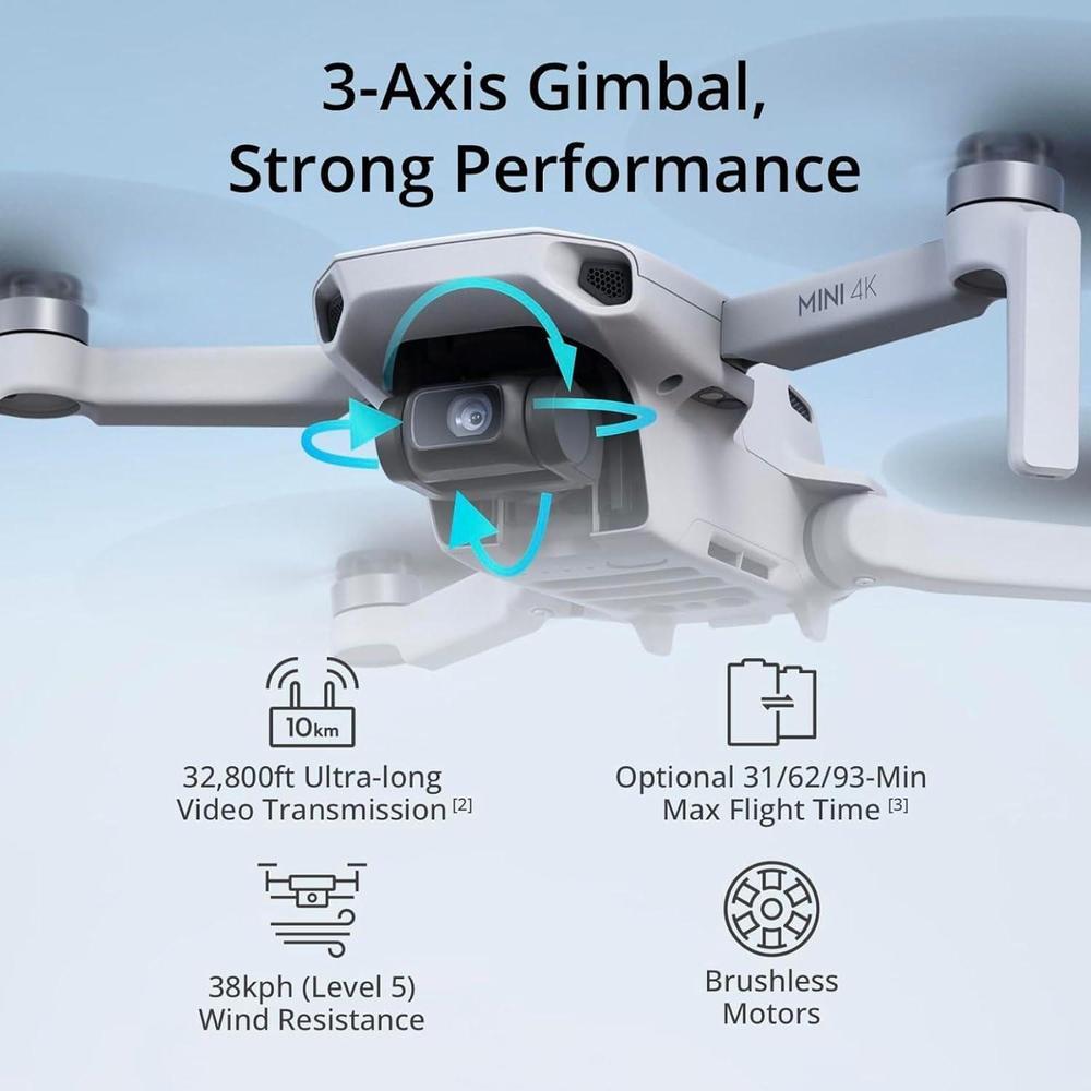 DJI Mini 4K Fly More Combo, dron con cámara UHD, cardán 3 ejes, video 10 km, retorno automático, 3 baterías incluidas