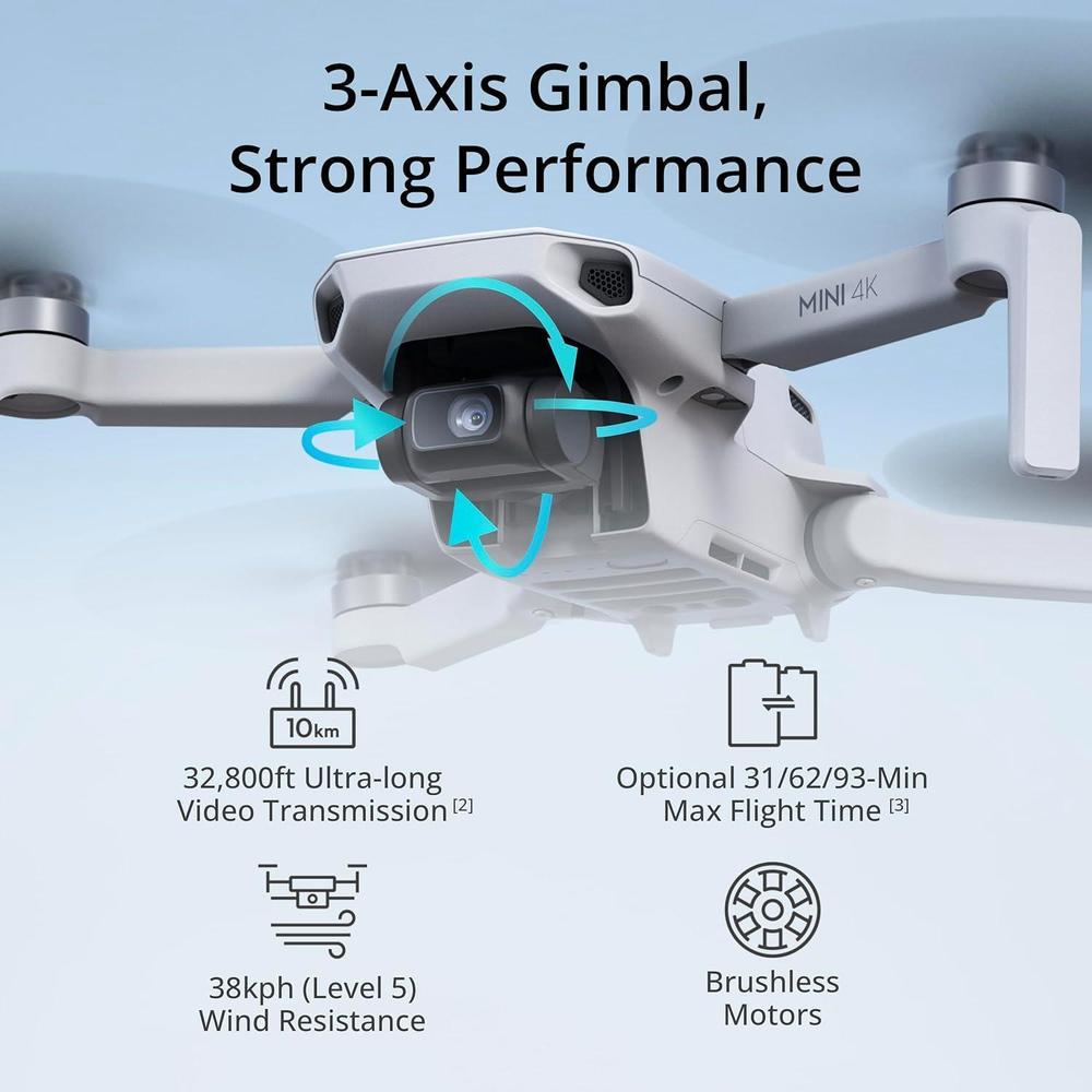 DJI Mini 4K dron con cámara UHD, estabilización de cardán, transmisión larga distancia y resistencia al viento para adultos