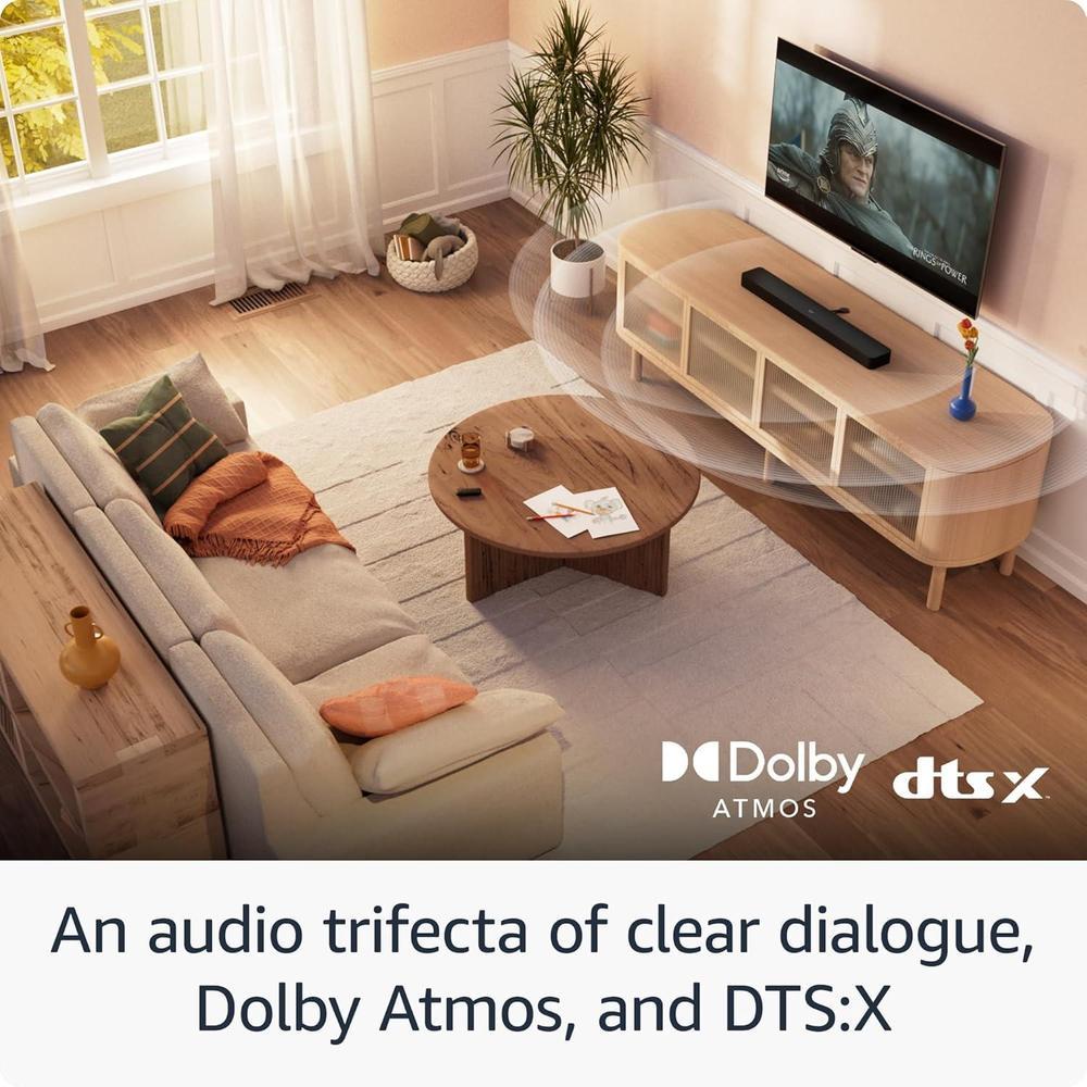 Barra de sonido Amazon Fire TV Plus con diseño todo en uno, Dolby Atmos, DTS:X y diálogos nítidos