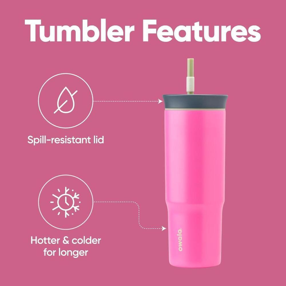 Vaso de viaje aislado de acero inoxidable Owala con tapa resistente a derrames y pajilla, sin BPA, color marrón/rosa