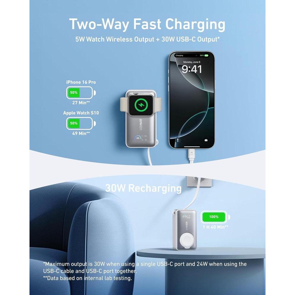 Anker MagGo Power Bank con certificación oficial para Apple, batería compacta de 10,000 mAh y cable USB-C integrado, para múltiples dispositivos