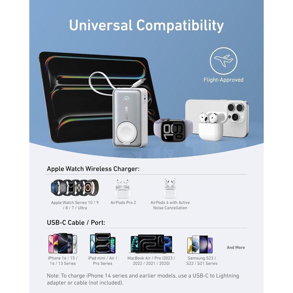 Anker MagGo Power Bank con certificación oficial para Apple, batería compacta de 10,000 mAh y cable USB-C integrado, para múltiples dispositivos
