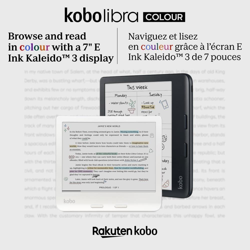 Kobo Libra Colour eReader con pantalla Kaleido™ 3, modo oscuro, resistencia al agua y soporte para audiolibros, color blanco
