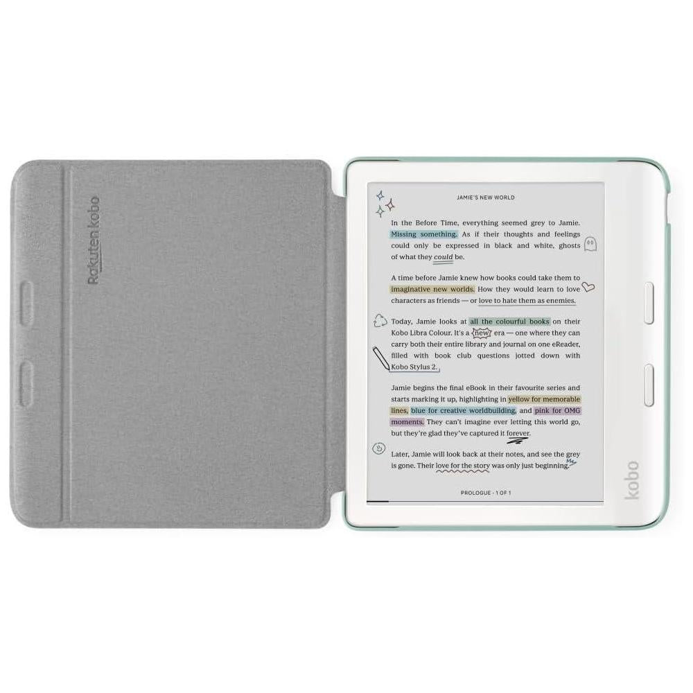 Funda Kobo Libra Colour SleepCover verde jardín, tecnología de sueño y despertador. Soporte 2 vías y cuero vegano