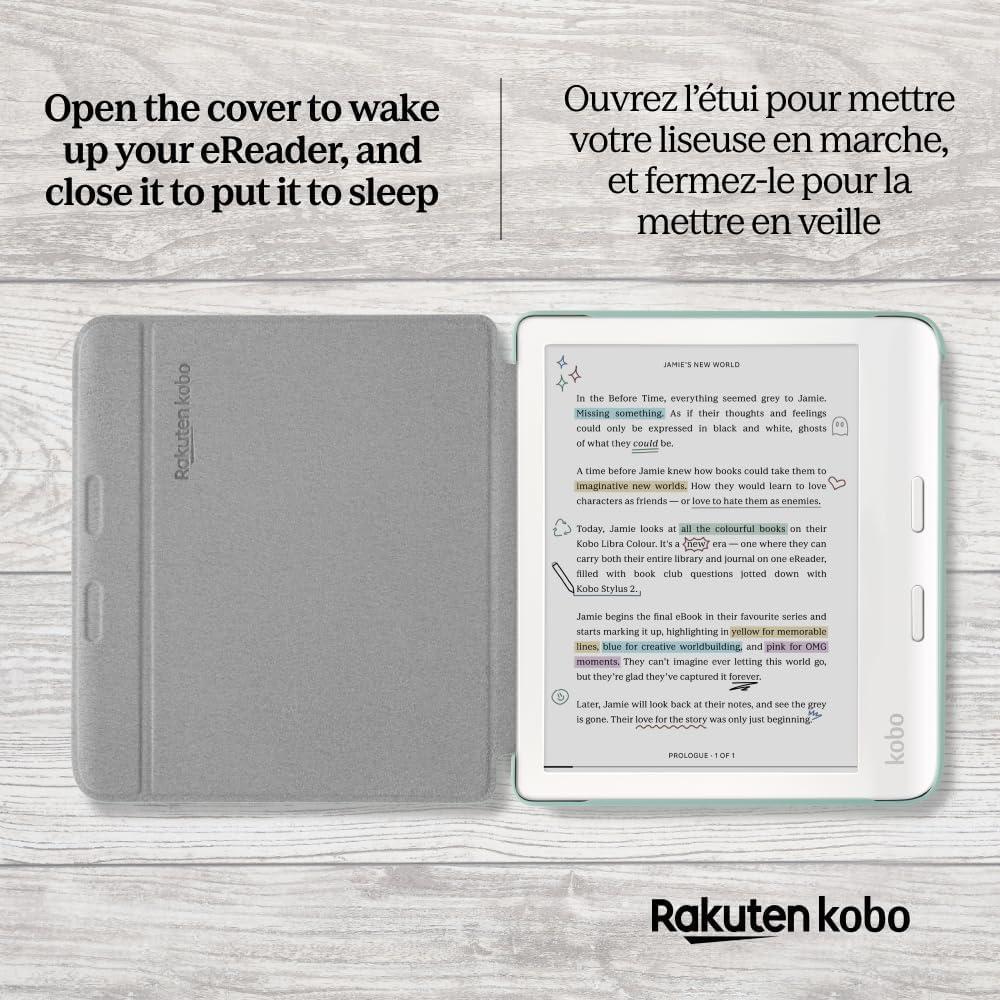 Funda Kobo Libra Colour SleepCover verde jardín, tecnología de sueño y despertador. Soporte 2 vías y cuero vegano