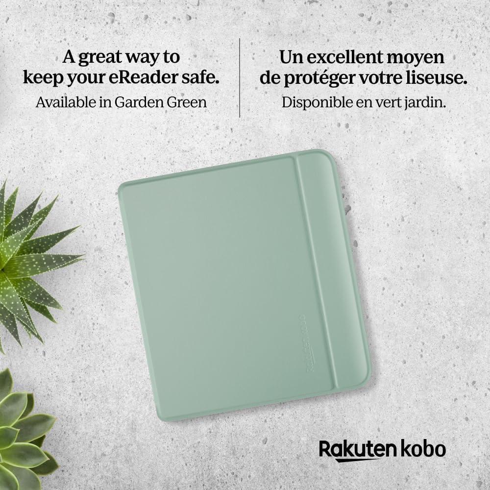 Funda Kobo Libra Colour SleepCover verde jardín, tecnología de sueño y despertador. Soporte 2 vías y cuero vegano