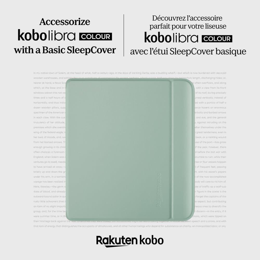 Funda Kobo Libra Colour SleepCover verde jardín, tecnología de sueño y despertador. Soporte 2 vías y cuero vegano