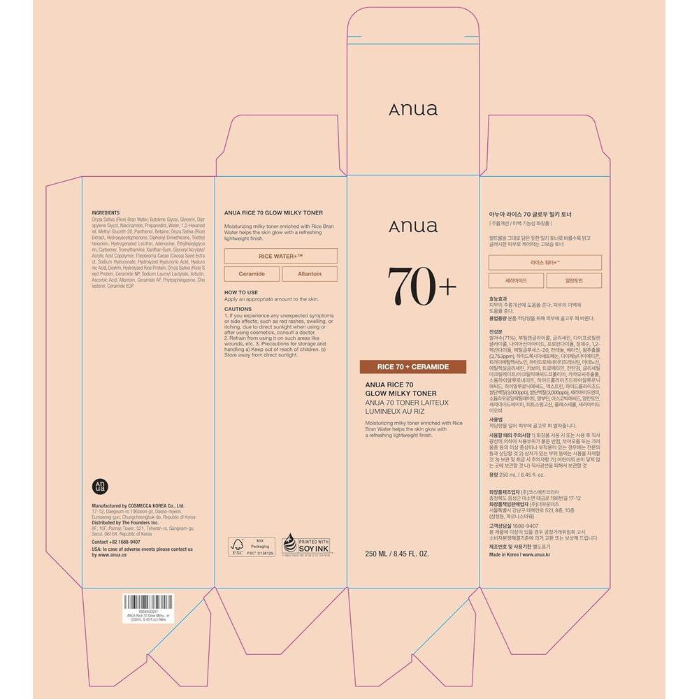 Anua Rice 70 Glow Milky Toner Con Niacinamida Ceramidas Y Agua De Arroz 250ml