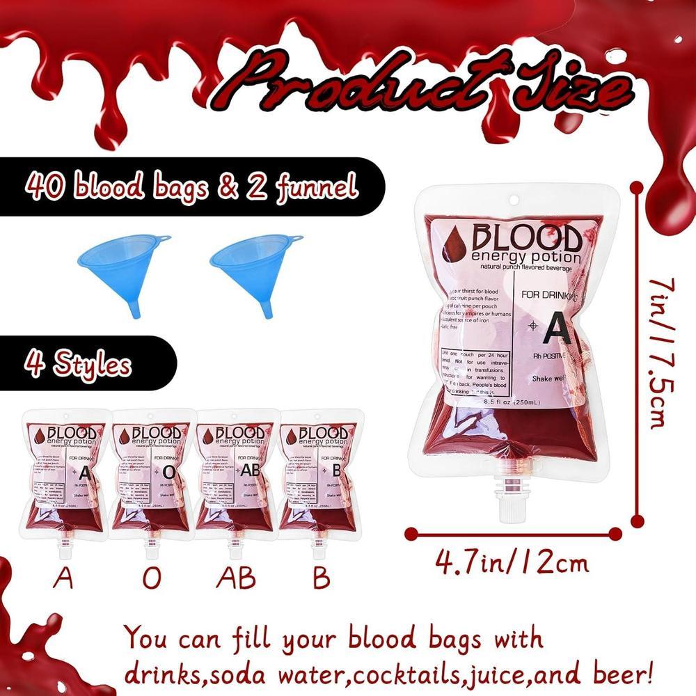 Paquete de 40 bolsas de sangre reutilizables para bebidas con embudo, decoración de fiestas de Halloween y eventos temáticos