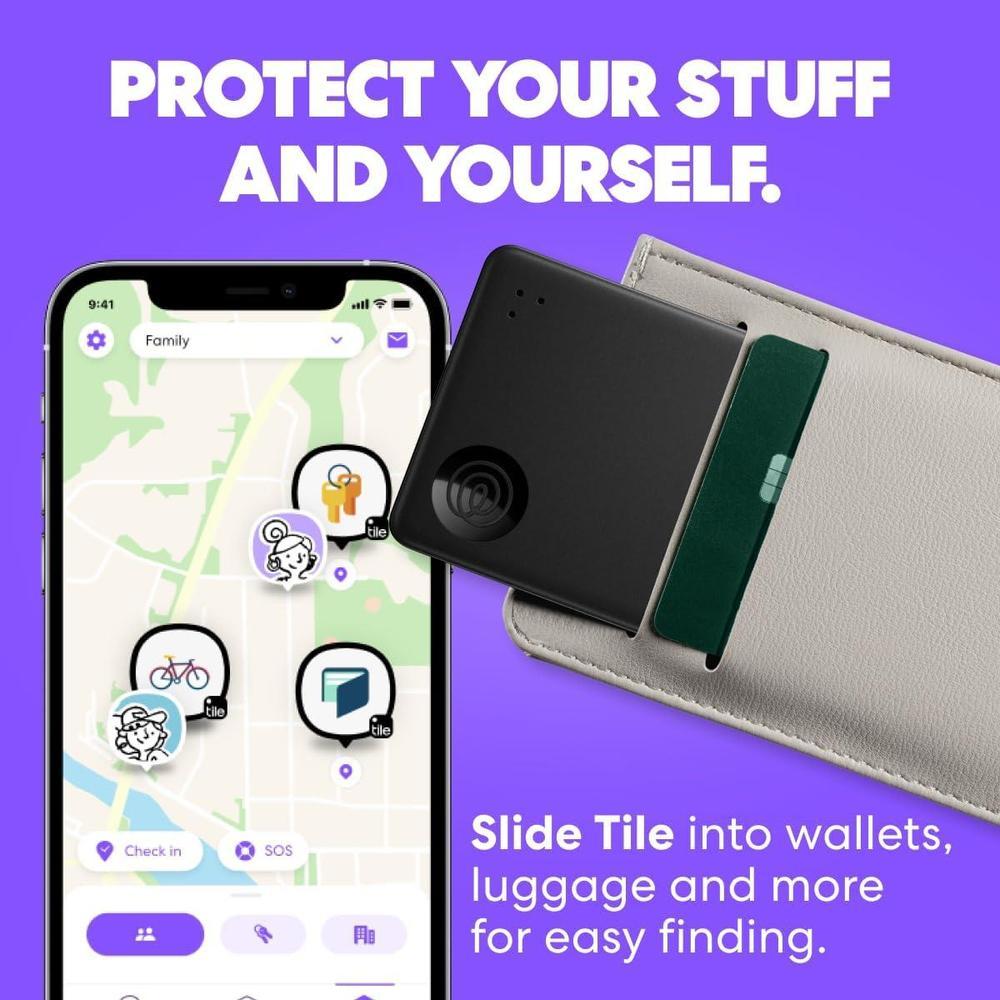 Tile Slim por Life360, rastreador Bluetooth para billeteras, pasaportes y más. Compatible iOS y Android, incluye función SOS