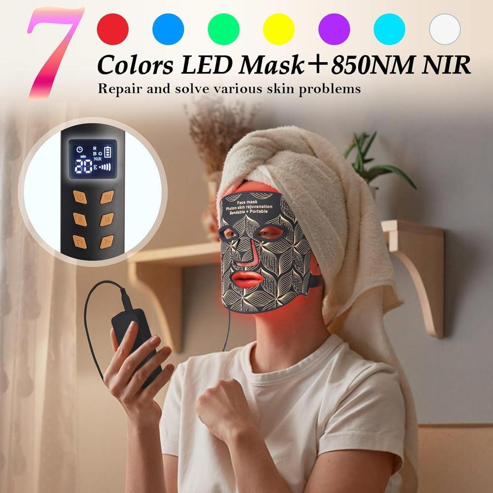 Mascarilla LED con terapia de luz roja e infrarroja, 7+1 colores para el cuidado facial avanzado. Recargable y portátil