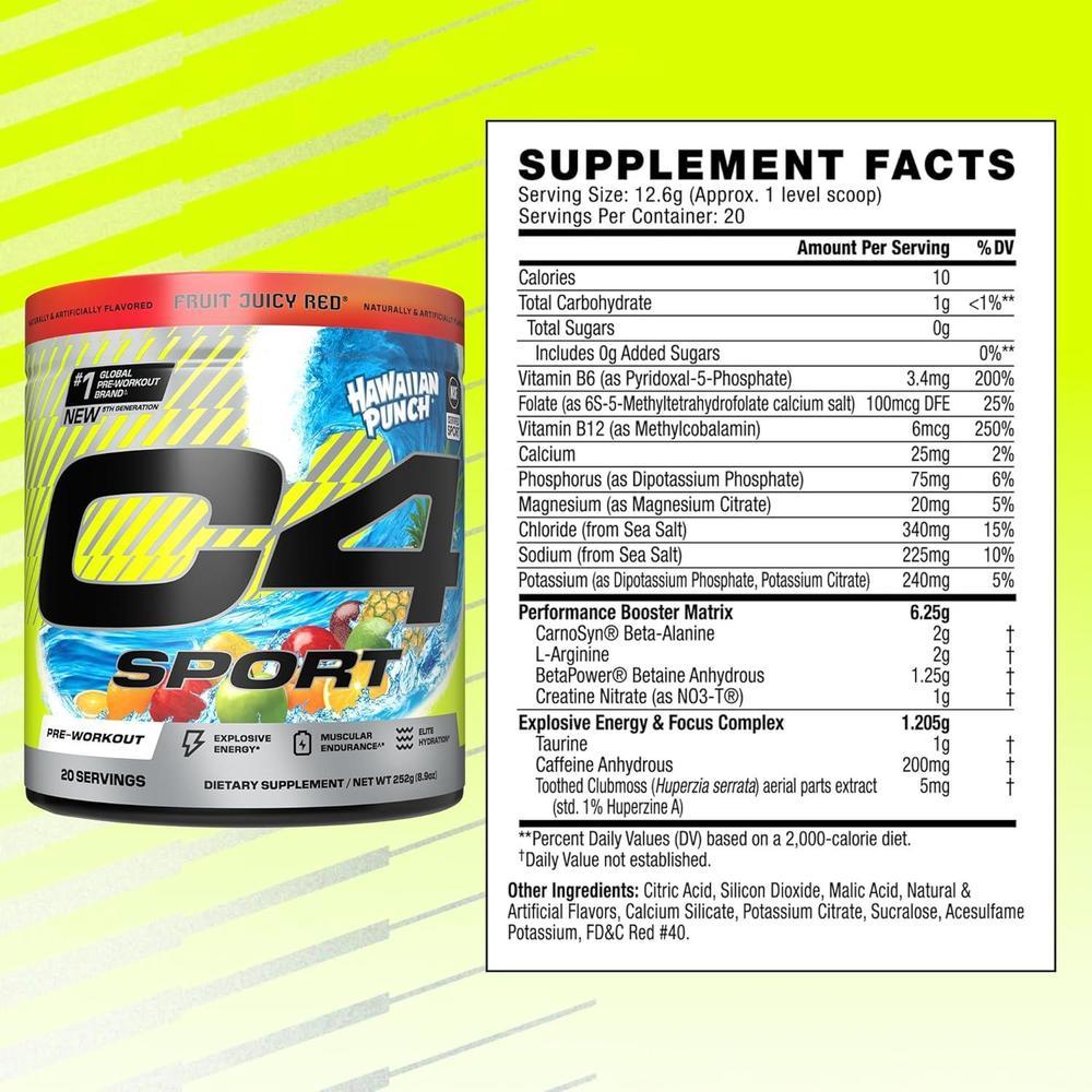 Cellucor C4 Sport - Polvo preentrenamiento, certificado NSF - 200 mg cafeína, creatina, beta-alanina y electrolitos - Ponche, 244g