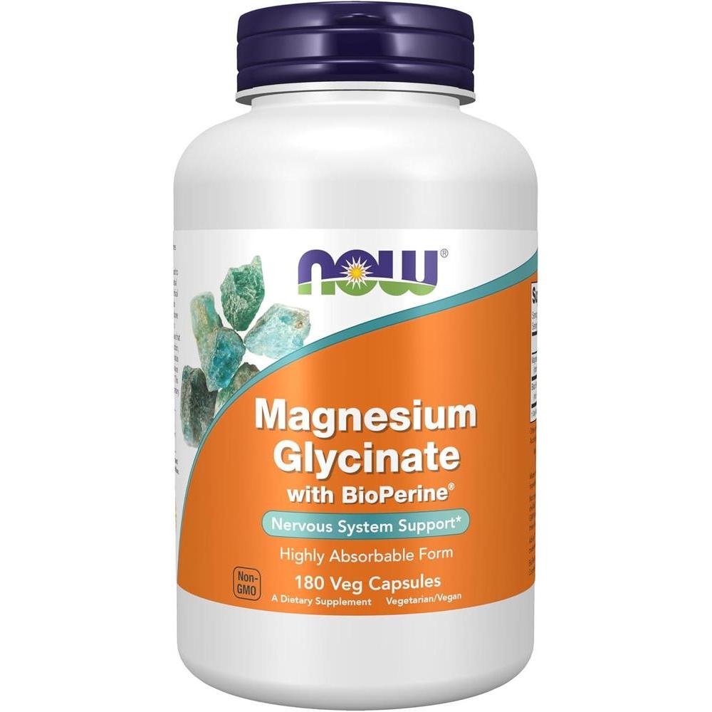 NOW Foods Suplementos, Glicinato de Magnesio con BioPerine, 180 Cápsulas Vegetales