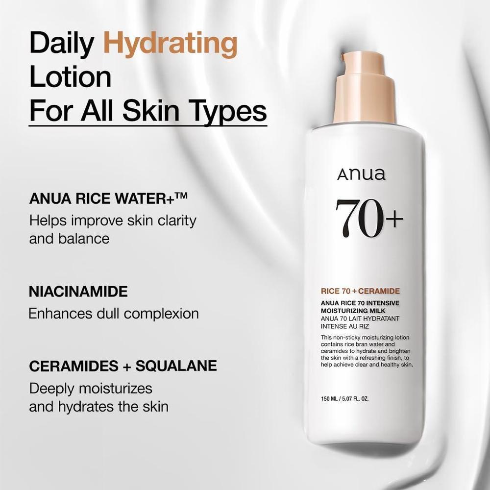 ANUA Rice 70 Leche Hidratante Intensiva, Loción Facial con Niacinamida, Ceramidas y Agua de Arroz, Cuidado Coreano