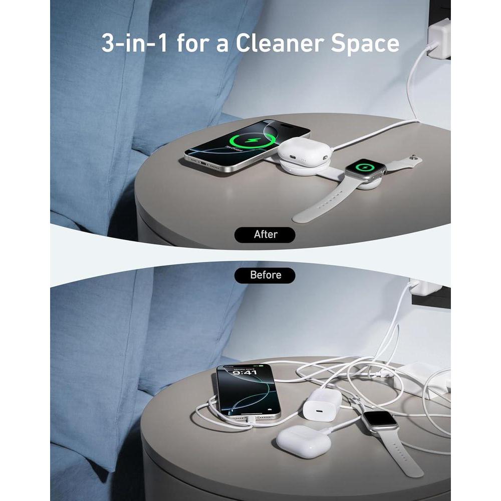 Anker MagSafe MagGo UFO Cargador 3 en 1, estación inalámbrica para iPhone, AirPods y Apple Watch, plegable para viajes