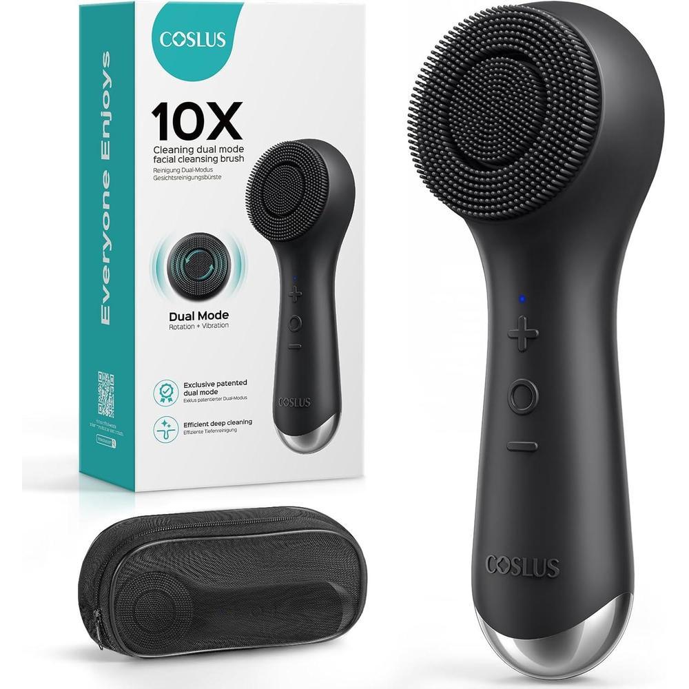 COSLUS Cepillo de limpieza facial: 2 en 1 tecnología patentada de giro y vibración, exfoliante eléctrico de silicona con espuma automática, cepillo limpiador facial impermeable para hombres y mujeres