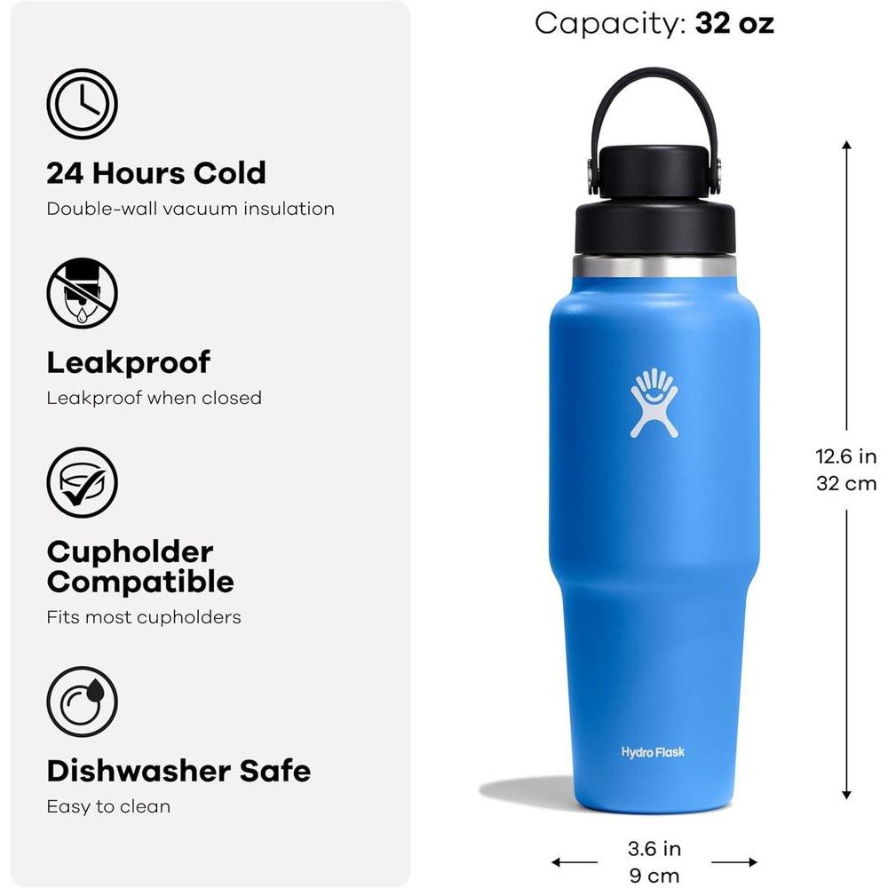 Botella de viaje Hydro Flask con tapa flexible. Mantiene bebidas frías hasta 24 horas y es compatible con portavasos