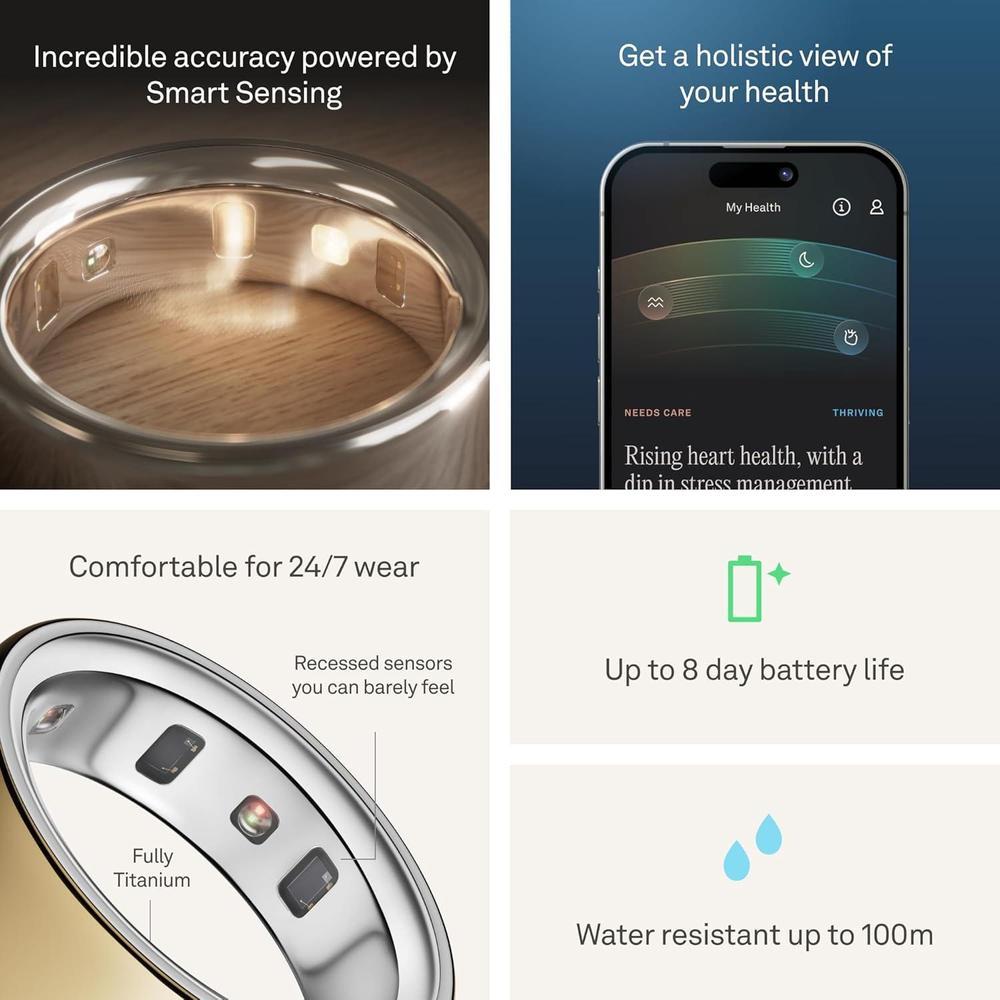 Oura Ring 4 en Oro, seguimiento de salud integral, compatible con iOS y Android, resistente y cómodo
