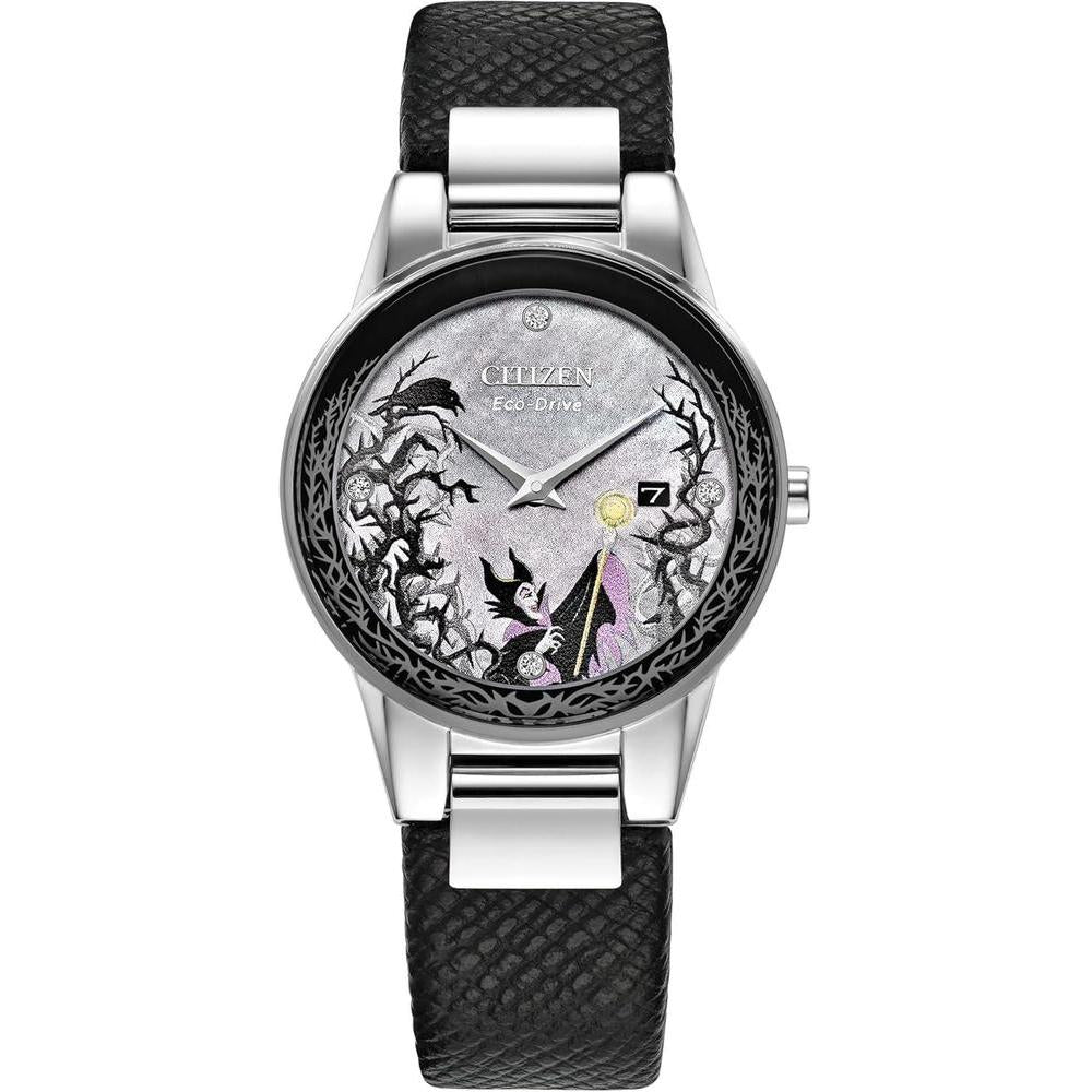 Citizen Eco Drive Maléfica Charm Box Set, Disney Villains, correa de cuero negro, Tono-plateado, Classic