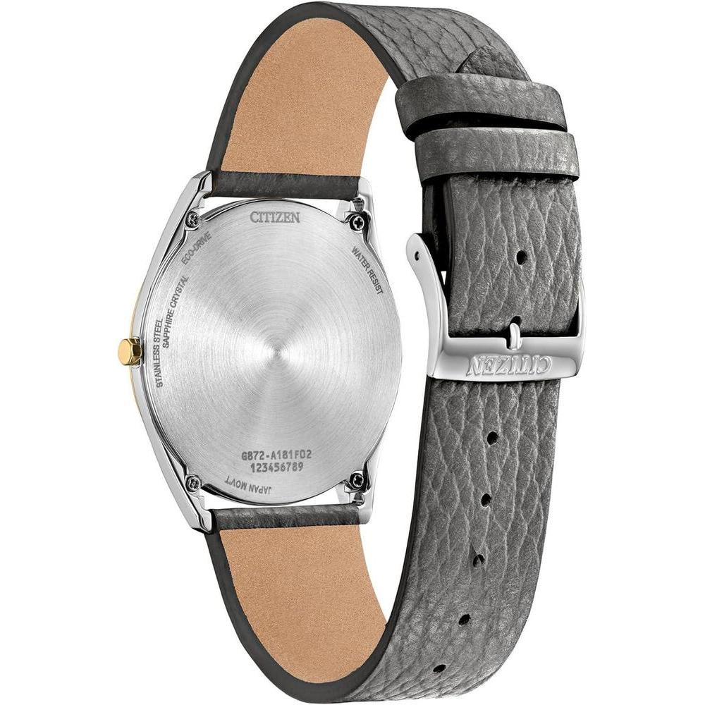 Citizen Reloj unisex Eco-Drive Classic Eco, acero inoxidable de dos tonos, correa de cuero gris, modelo AR3124-07H