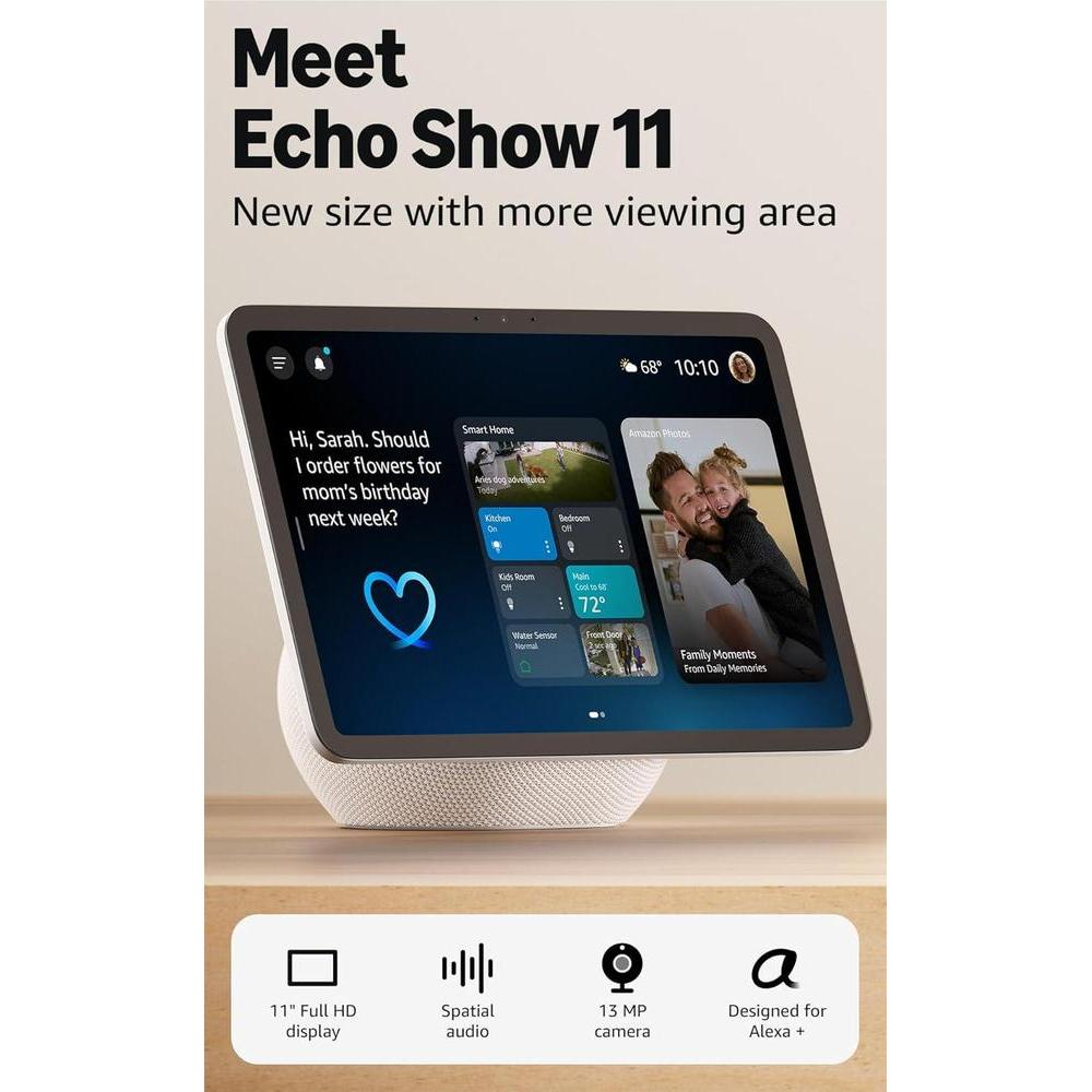 Amazon Echo Show 11 (newest model), Vibrant Full-HD 11" display with more viewing area and spatial audio, designed for Alexa+, Glacier White