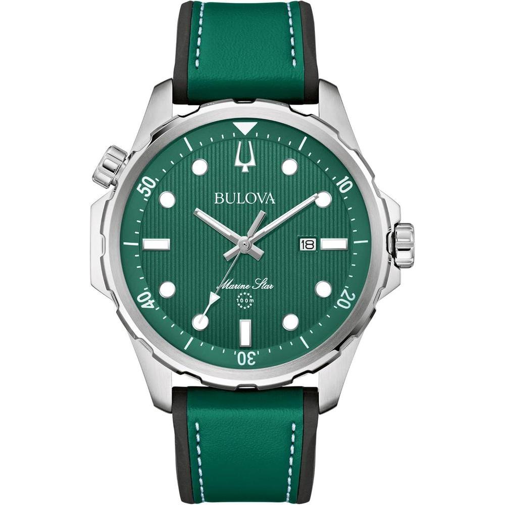Bulova Men's Marine Star Quartz Silver Stainless Steel Watch, Leather and Silicone Strap, 100M Water Resistant, 43mm