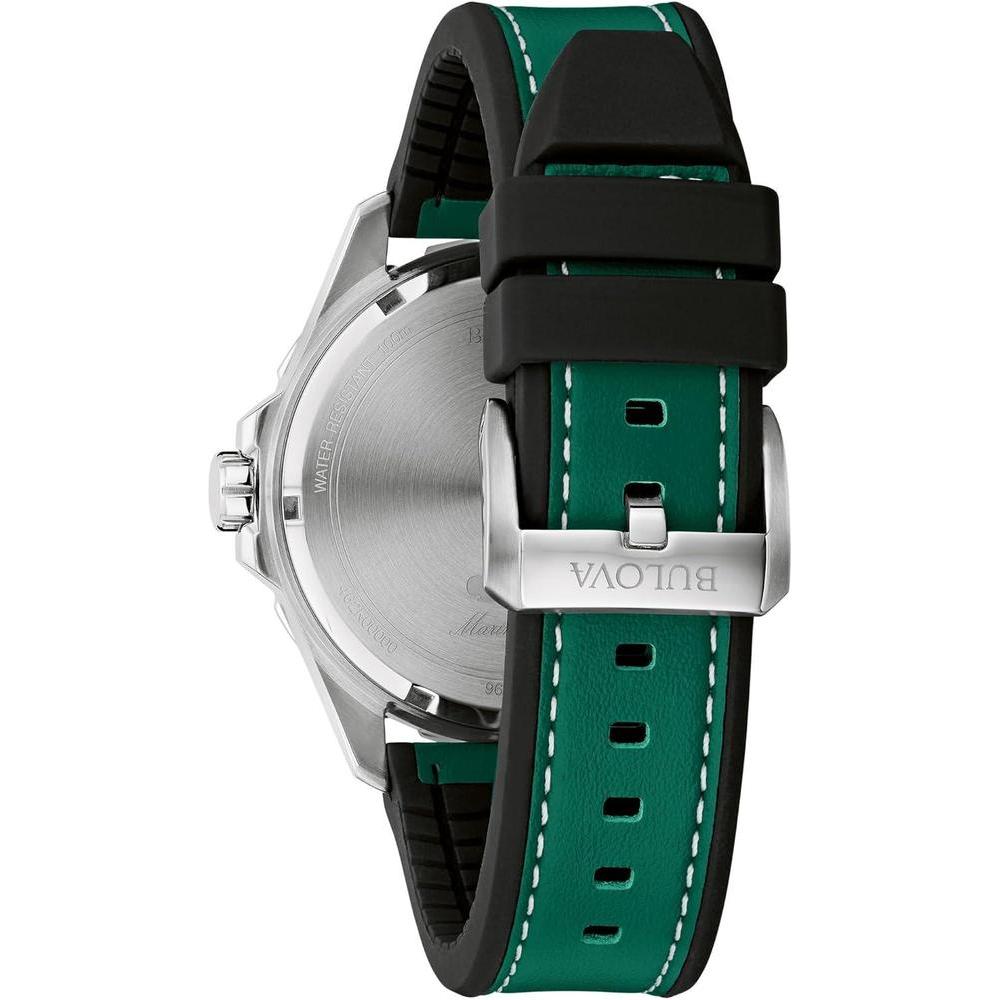 Bulova Reloj Marine Star de cuarzo plateado de acero inoxidable para hombre, correa de cuero y silicona, resistente al agua