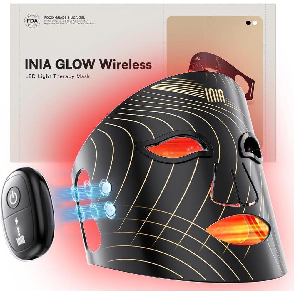 INIA Máscara de terapia de luz roja para cara, máscara facial LED inalámbrica con terapia de luz roja infrarroja cercana (NIR), diseño recargable y ergonómico para el hogar y viajes