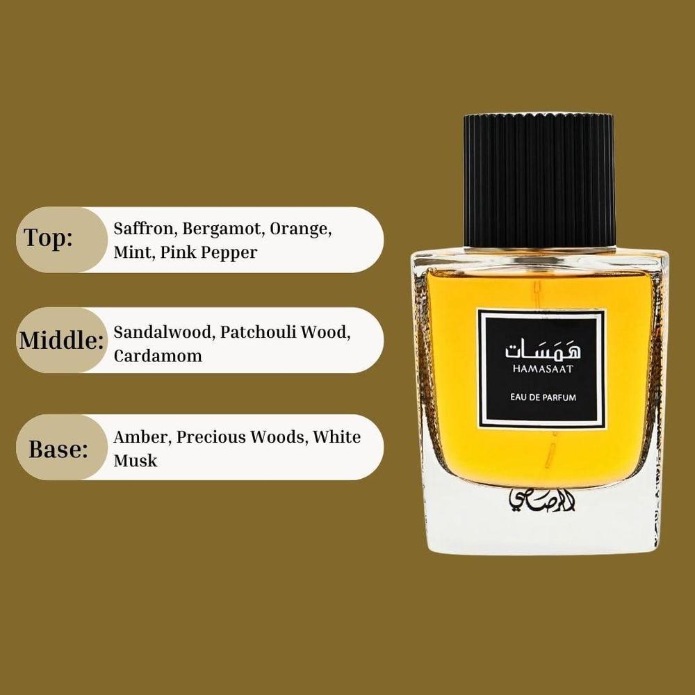 RASASI Hamasaat Eau De Parfum Spray - Perfume árabe para hombres con fragancia refrescante, amaderada y almizclada