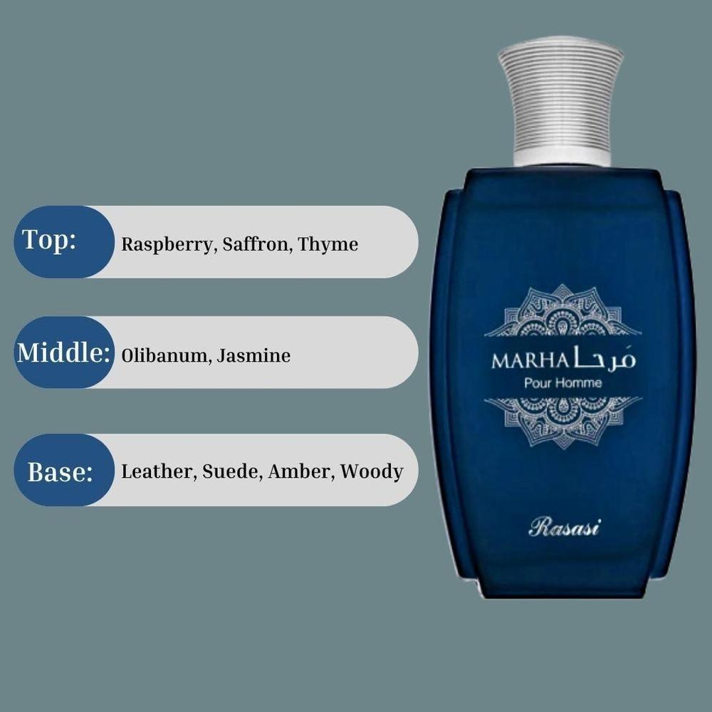 RASASI Marha Eau De Parfum, perfume árabe duradero para hombres con notas cálidas, florales y masculinas, ideal para toda ocasión
