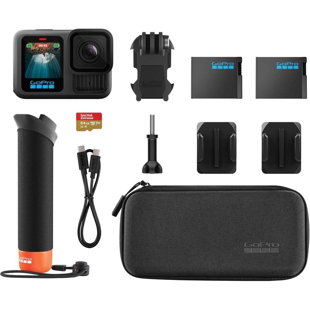 GoPro HERO13 Negro con accesorios: incluye controlador flotante, baterías Enduro, soportes adhesivos, MicroSD 64GB, funda
