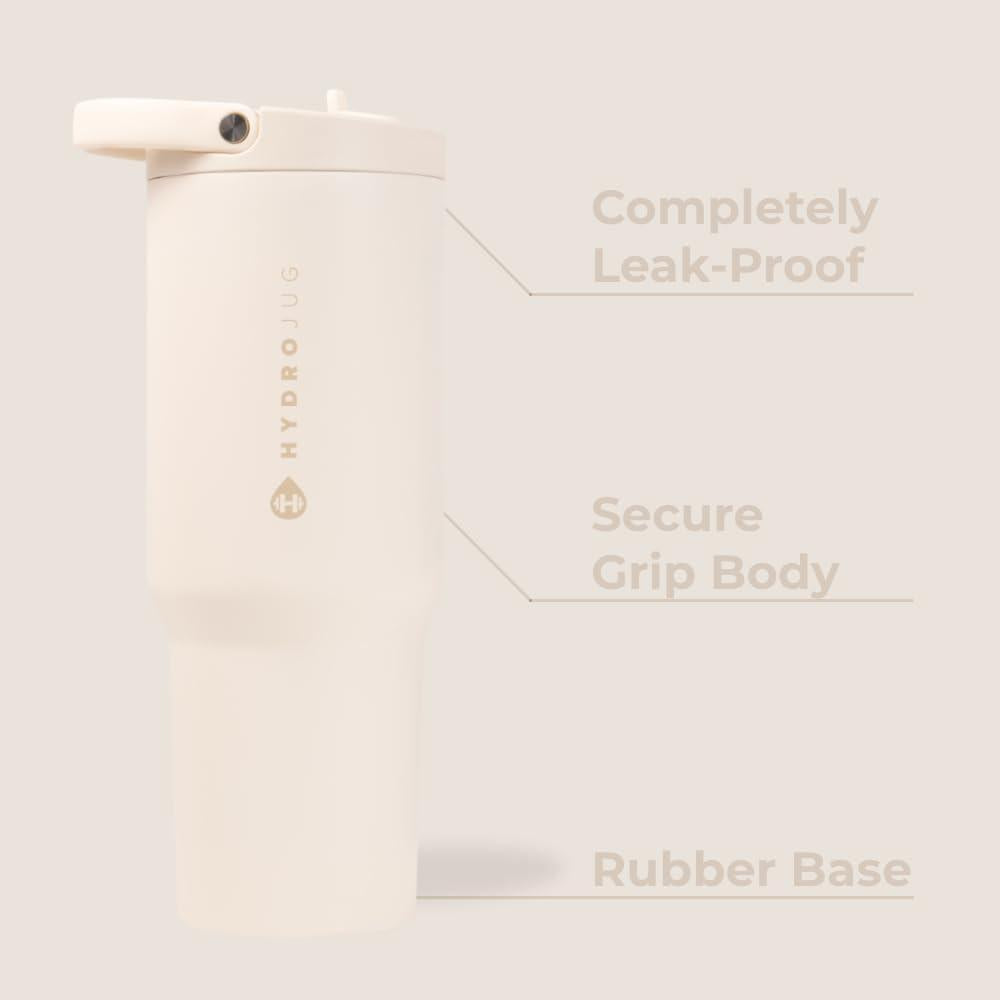 Botella HydroJug de acero inoxidable con popote, aislamiento al vacío, durable y ergonómica. Ideal para el gimnasio y actividades al aire libre