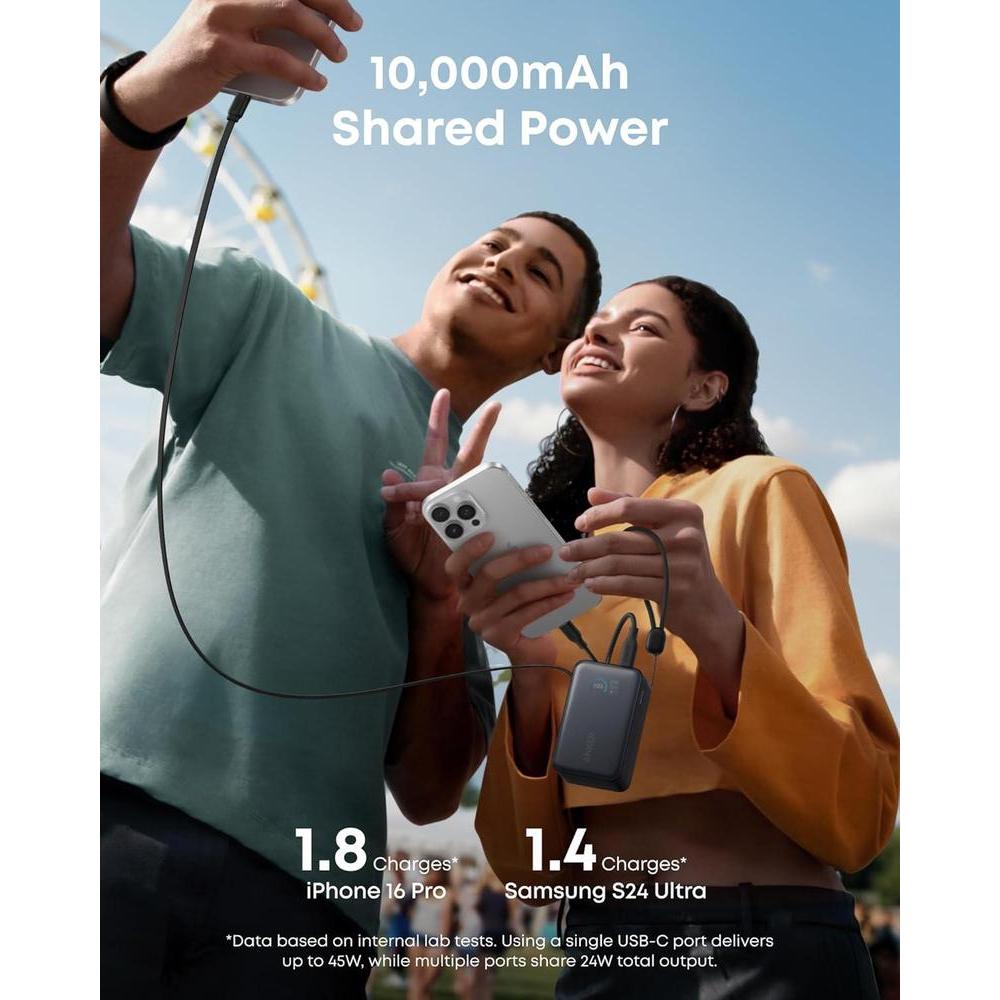 Anker Nano Power Bank, cargador portátil de 10,000 mAh con cable retráctil de alta potencia y pantalla inteligente