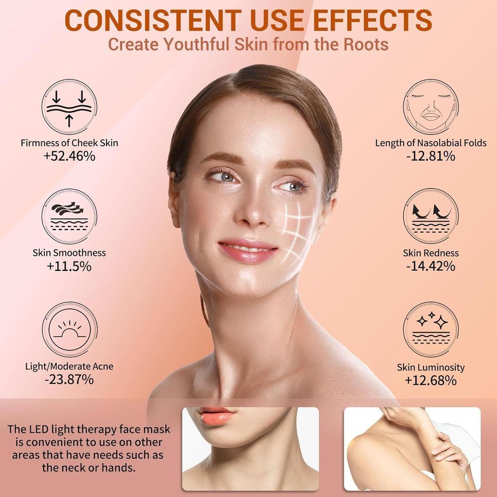 Máscara facial LED con terapia de luz roja, 4 modos, control remoto recargable, luz azul, naranja, infrarroja y roja