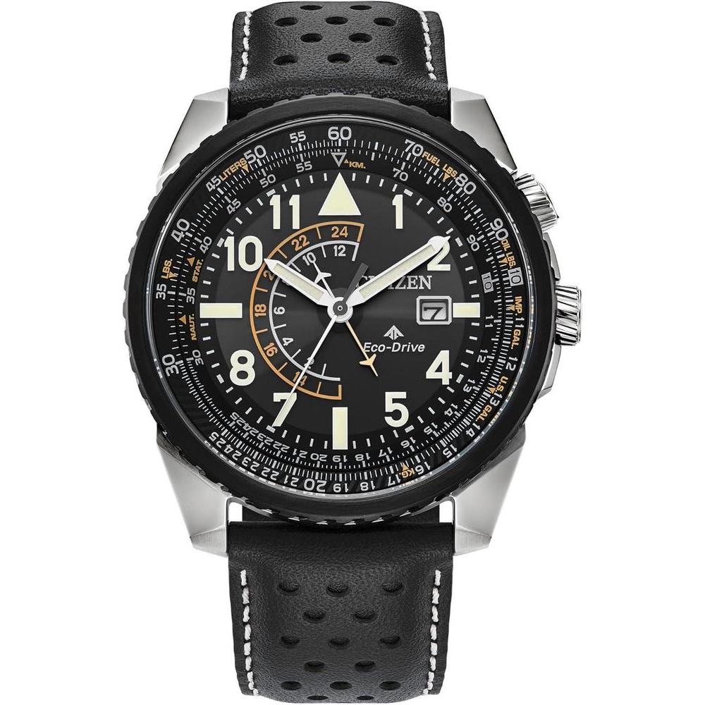 Citizen Men's Eco-Drive Promaster Air Nighthawk Watch, Black Leather Strap, Black Dial, Dual Time (Model: BJ7137-07E)