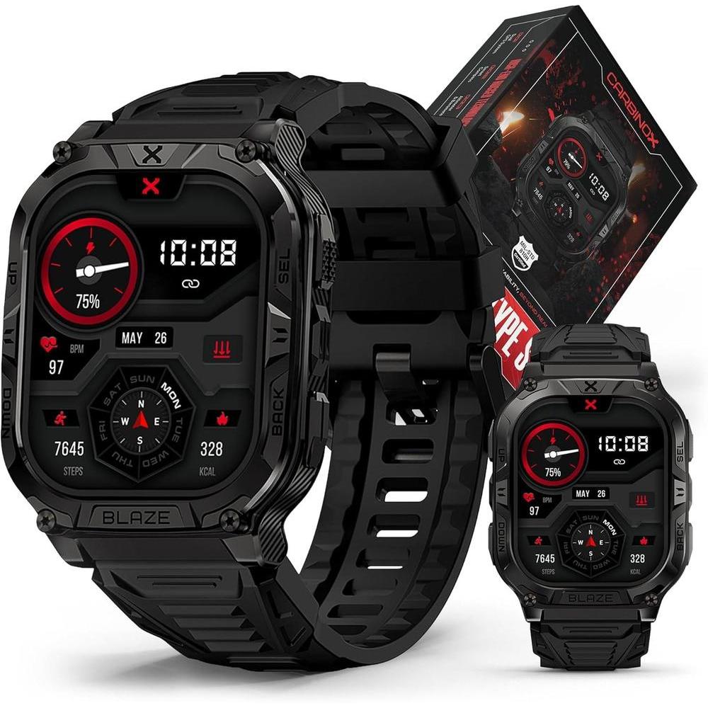 CARBINOX Blaze Smart Watch with GPS – Rugged Fitness Trackers, IP69K Waterproof, 170+ Sports Modes, Gorilla Glass, Make/Receive Calls, Android & iOS Compatible