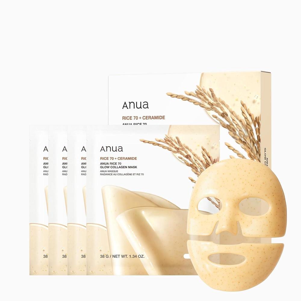 ANUA Rice 70 Glow Máscara de Colágeno, Máscara Facial Nocturna para Piel de Vidrio, Ceramida, Máscara Facial de Colágeno, Barrera de Humedad de la Piel, Cuidado Apretado, Color Natural, Cuidado de la