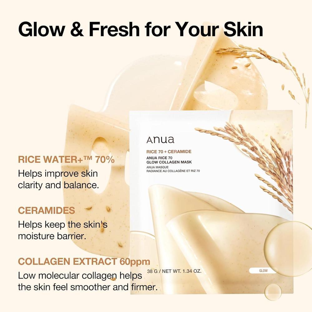 ANUA Rice 70 Máscara de Colágeno Facial Nocturna, Hidratante y Reafirmante para Piel Luminosa