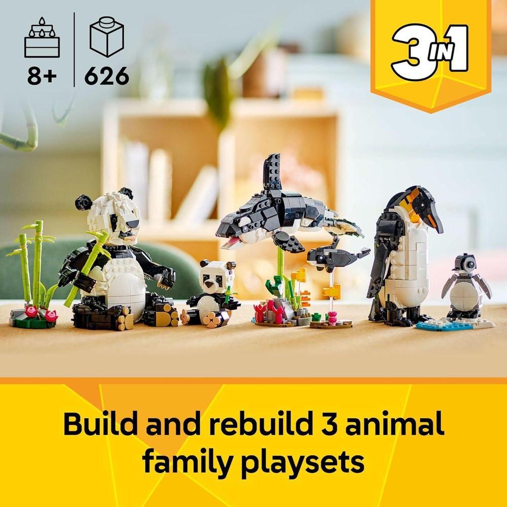 LEGO Creator 31165 permite construcción 3 en 1 de animales: panda, pingüino, orca. Diversión creativa para niños 8 años+