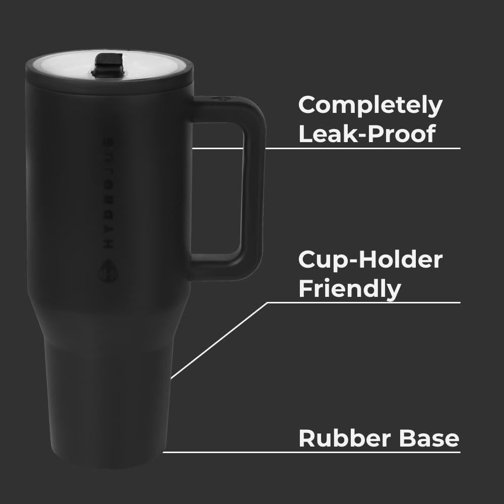 HydroJug Traveler - Vaso moderno con asa y pajilla abatible, resistente a fugas, reutilizable, aislado de acero inoxidable con base de goma
